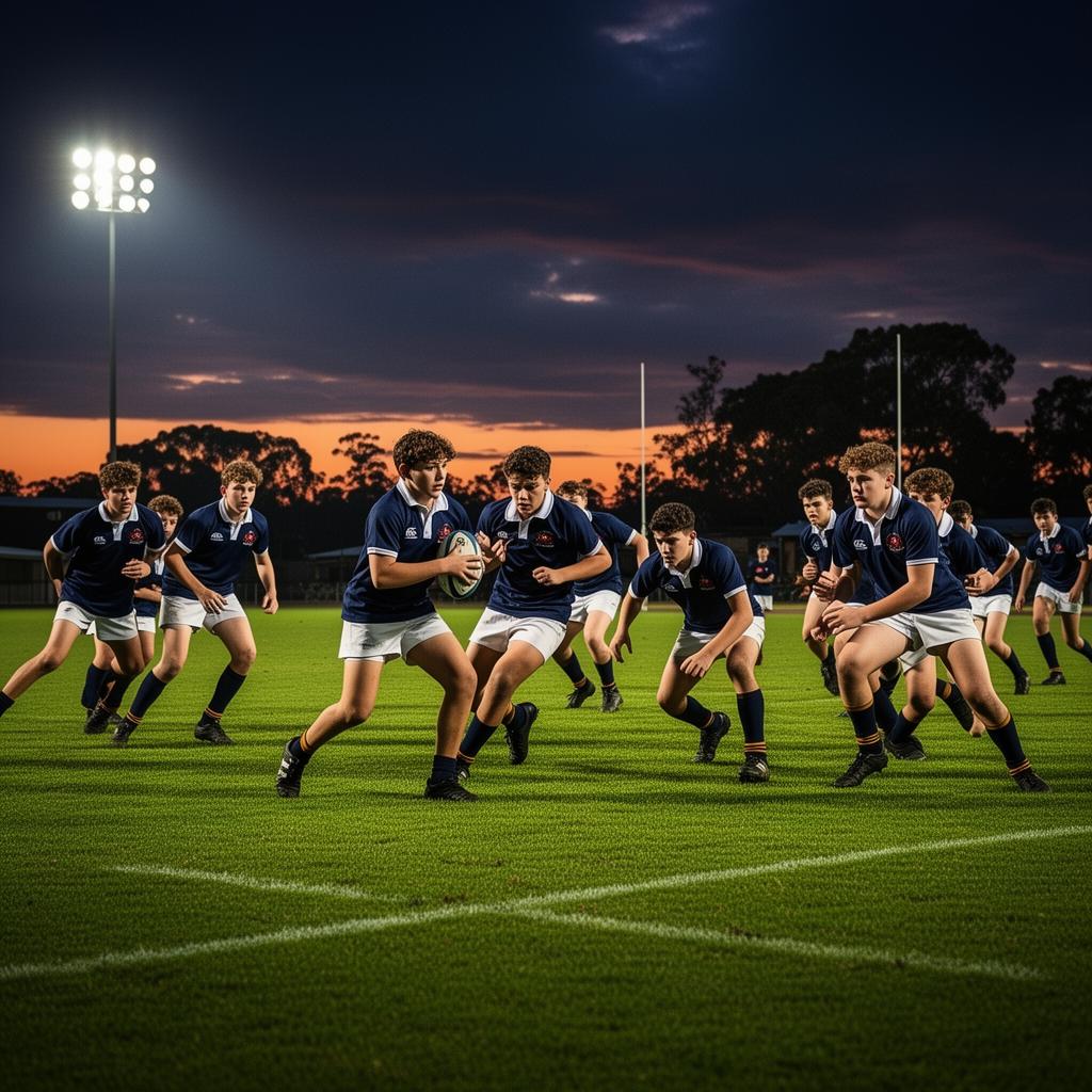 Rugby match at dusk